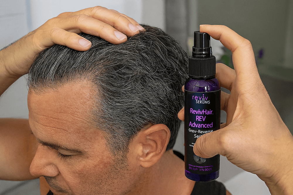 RevivHair REV Advanced with Grey Hair Reverse MelanoGray + Greyverse + Darkenyl RevivSerums.com RevivHair REV Advanced with Grey Hair Reverse MelanoGray + Greyverse + Darkenyl RevivSerums.com